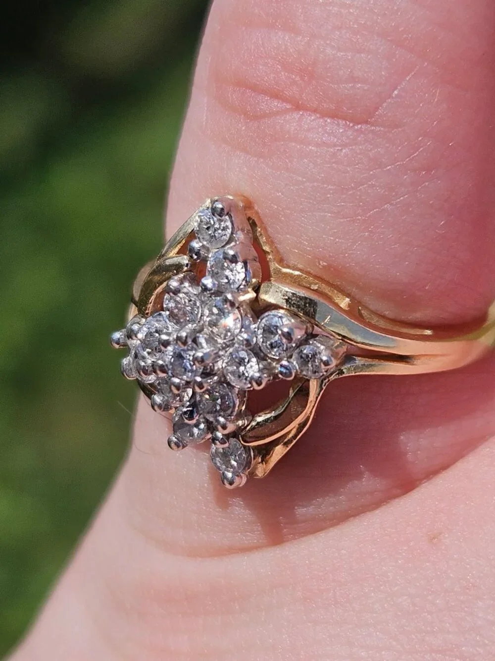 14K Yellow Gold Diamond Cocktail Bypass Flower Cluster Ring .30TCW Size 6.5